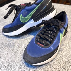 Nike Waffle One Youth Blue and Black Sneakers with Green Accents, 3.5 Youth size